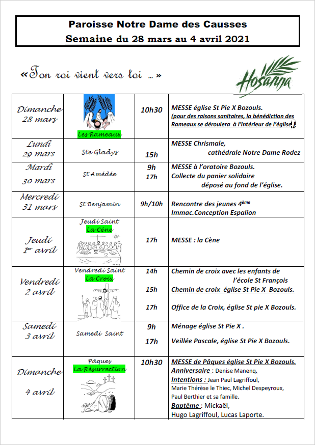 Horaire Des Messes Semaine Du 28 Mars Paroisse Notre Dame Des Causses