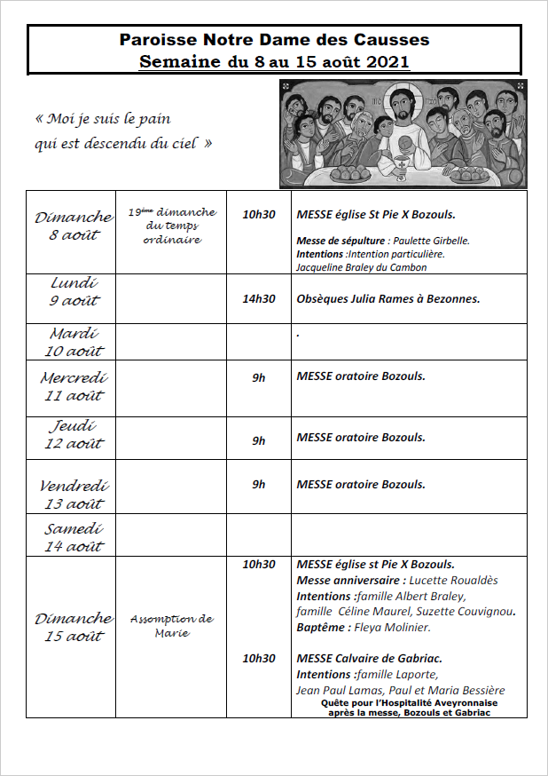 Horaire Des Messes Semaine Du Aout Paroisse Notre Dame Des Causses